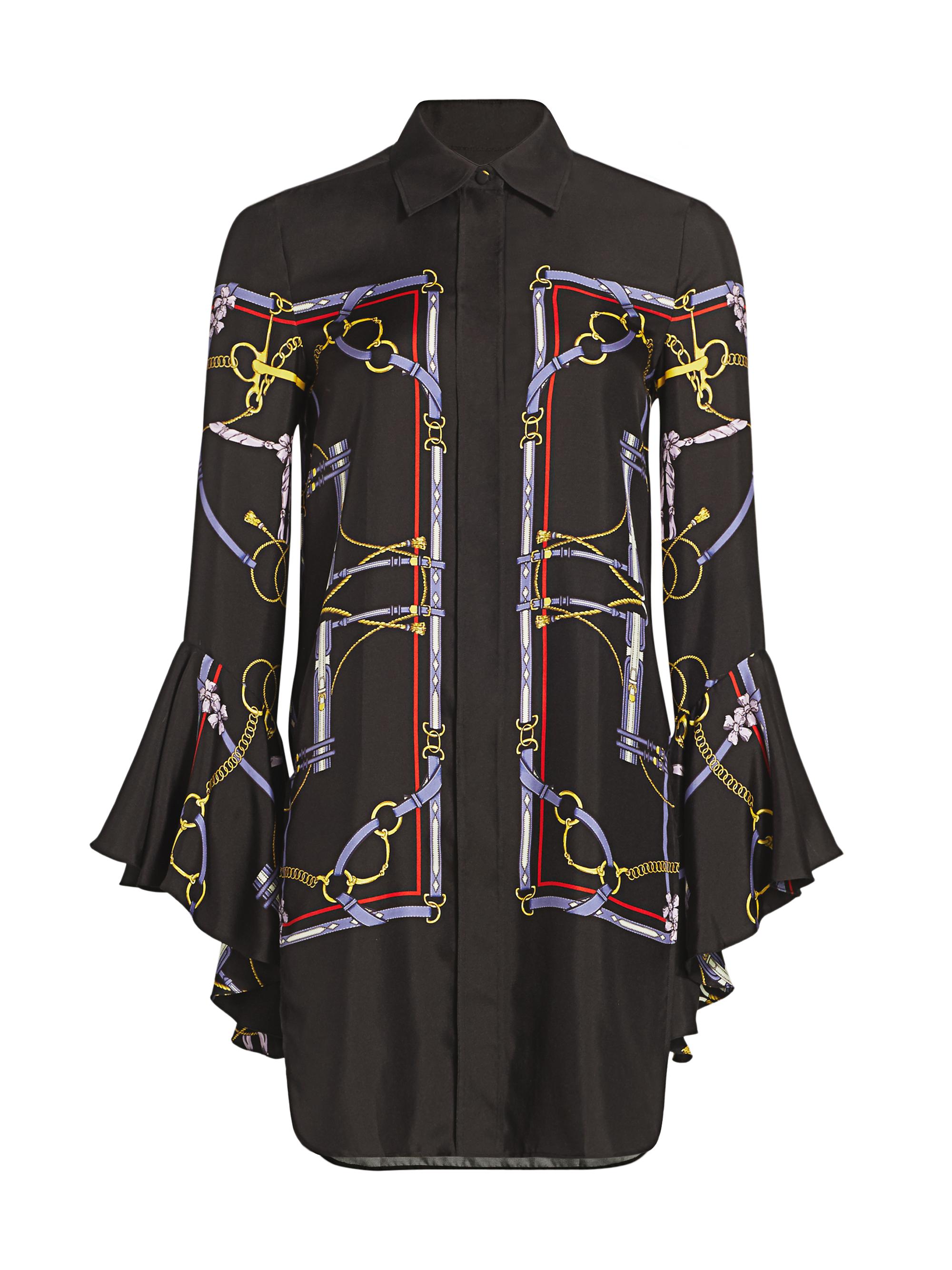 Ascher Printed Ruffle-Cuff Silk Top