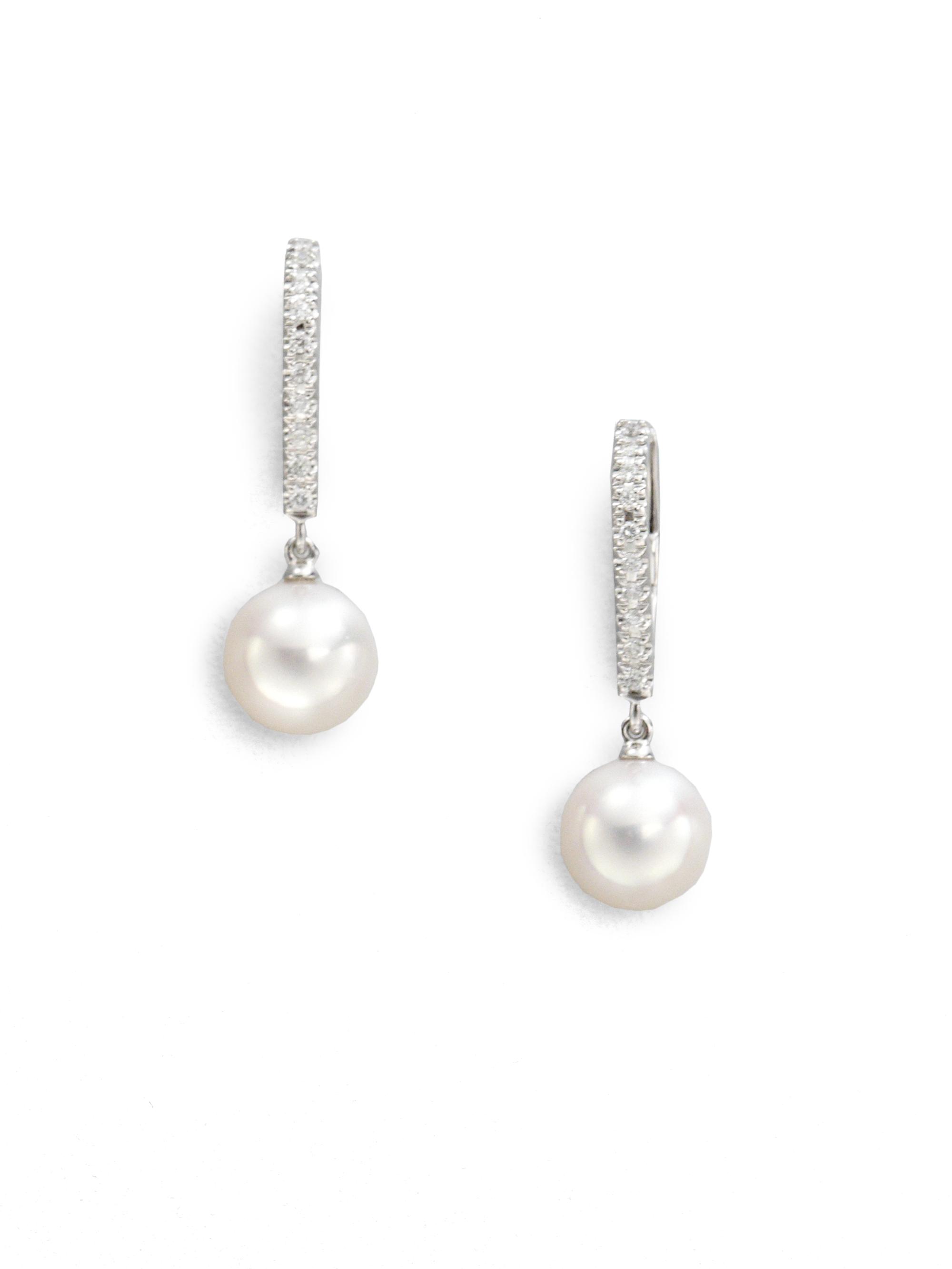 7.5MM White Cultured Akoya Pearl, Diamond & 18K White Gold Drop Earrings