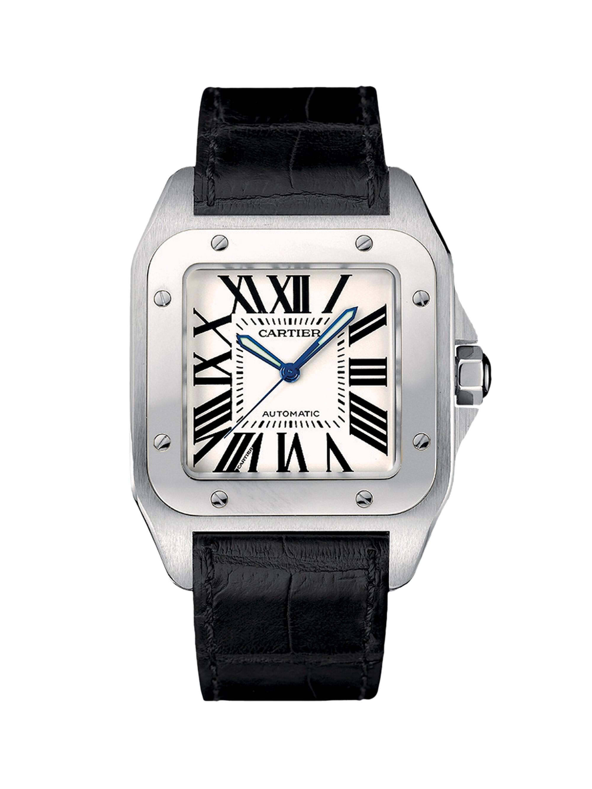 Santos 100 Automatic Large Stainless Steel & Alligator Strap Watch